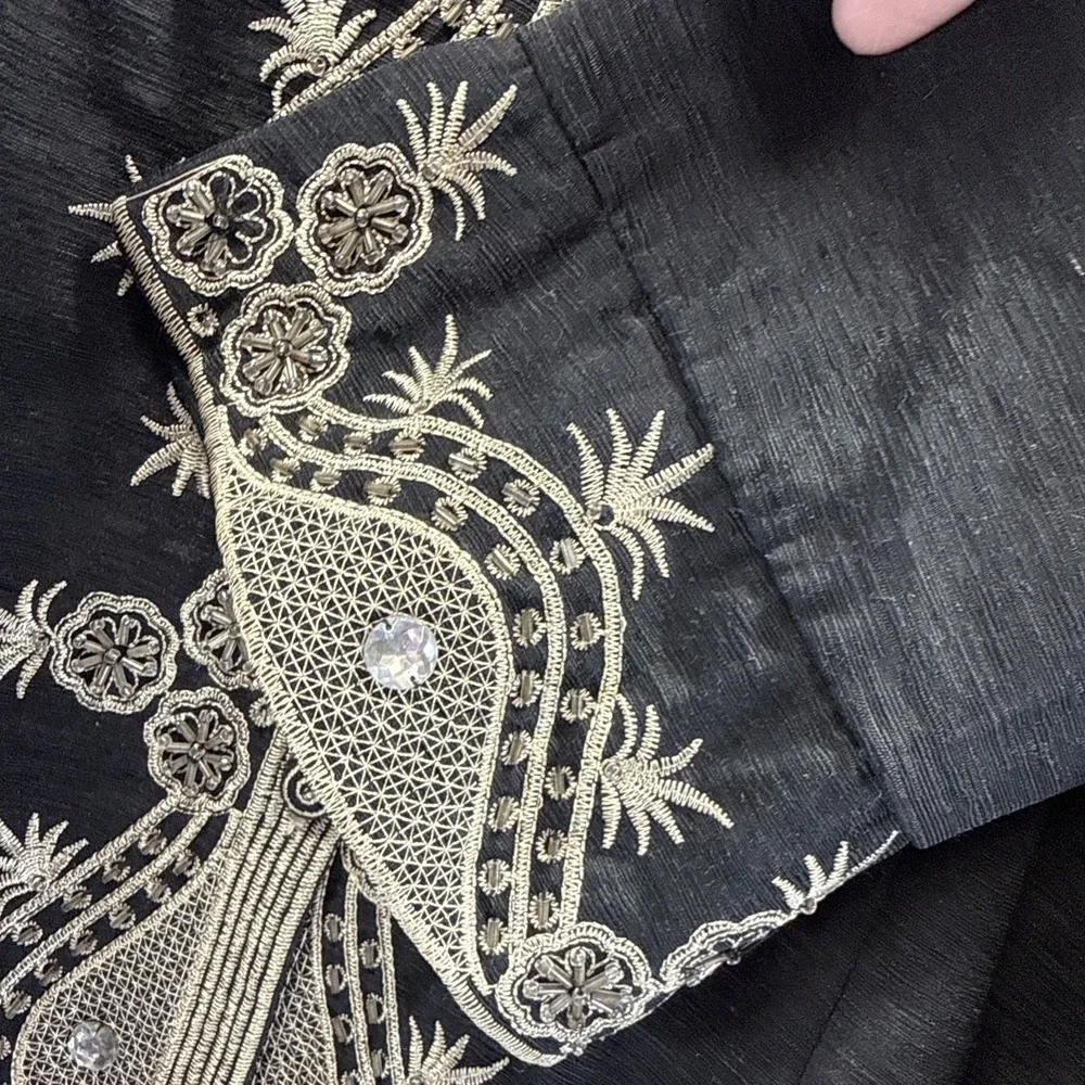 Silk Land Women's Jacket Size 2X‎ Black Gold Beaded Bling Button Up Tunic Lined